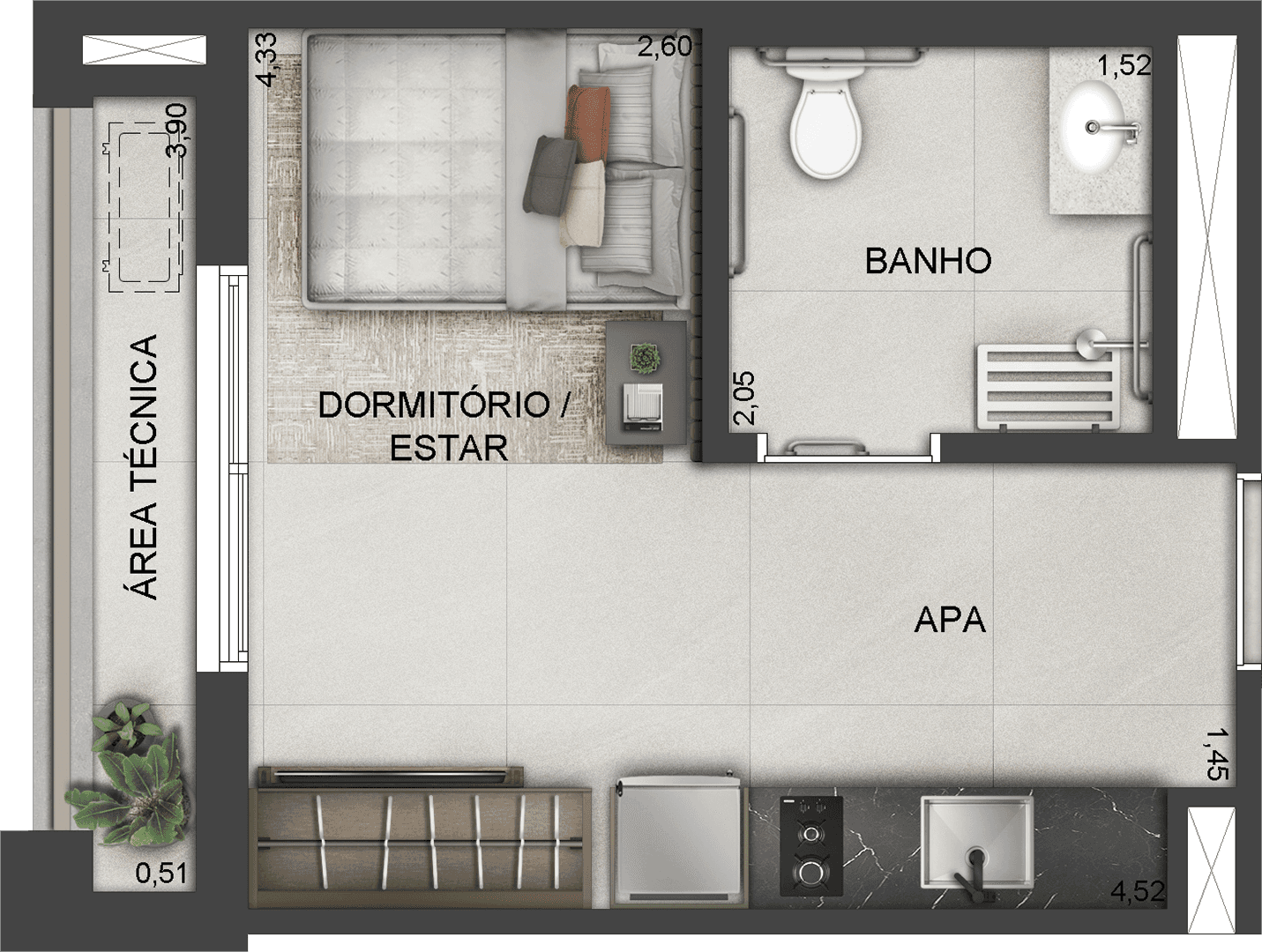 Perspectiva ilustrada da planta tipo studio de 26 m²