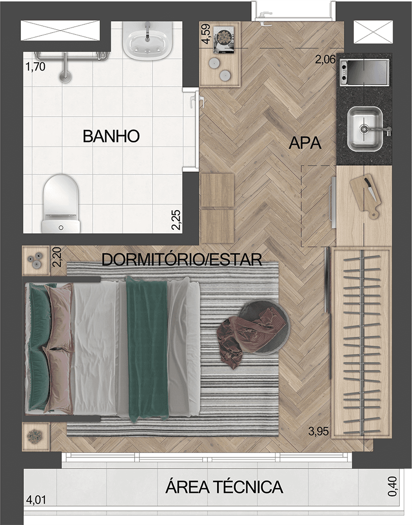 Planta do studio não residencial de 23,17 m² com sugestão de decoração - final 01