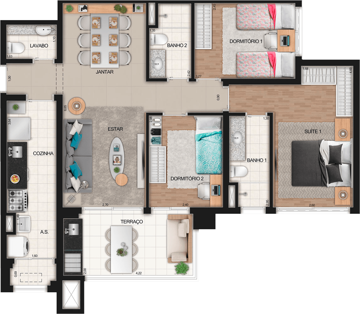 Planta tipo de 91 m²