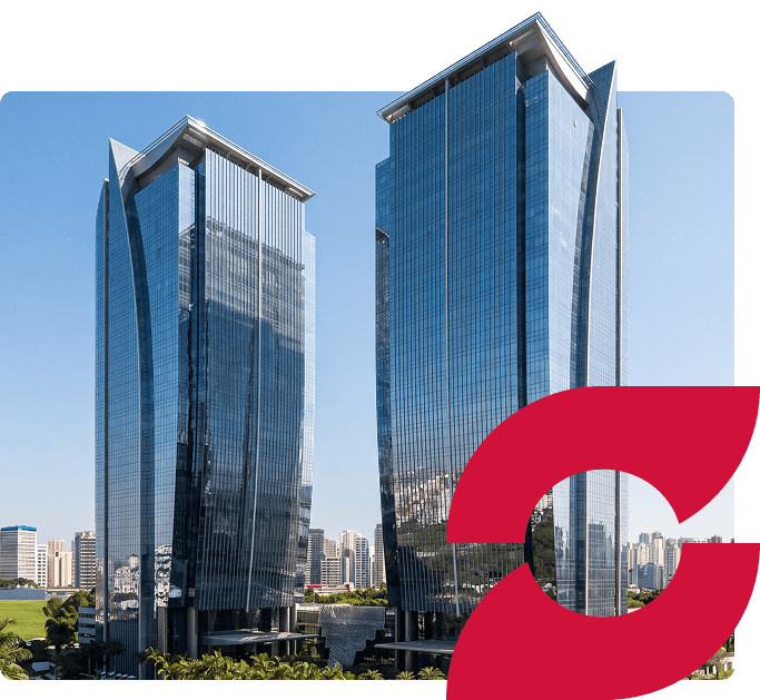 Sede da Eztec em São Paulo — fachada em concreto branco com colunatas e o logo Eztec na entrada
