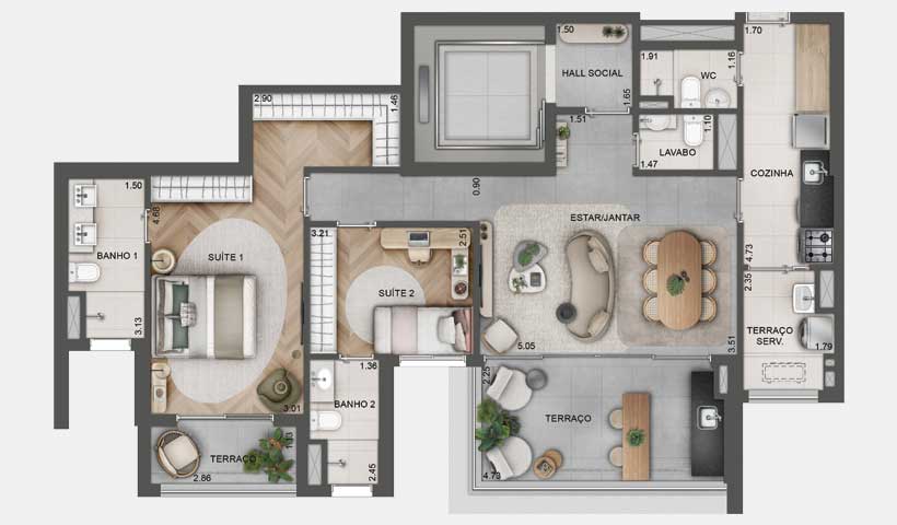 PLANTA TIPO DE 110 M² - 2 SUÍTES